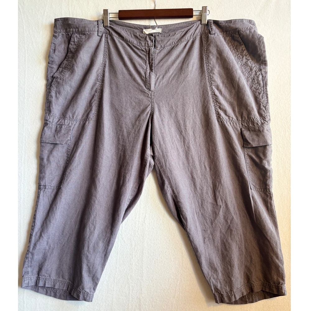 EILEEN FISHER 100% ORGANIC LINEN Pants Wide Leg Cropped Capri Grey Cargo 24W
